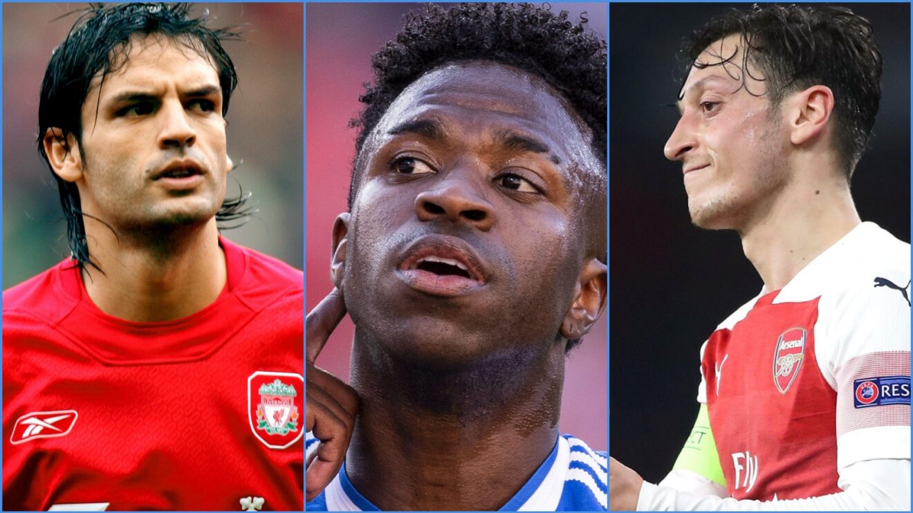 Liverpool forward Fernando Morientes, Real Madrid player Vinicius Junior and Mesut Ozil of Arsenal