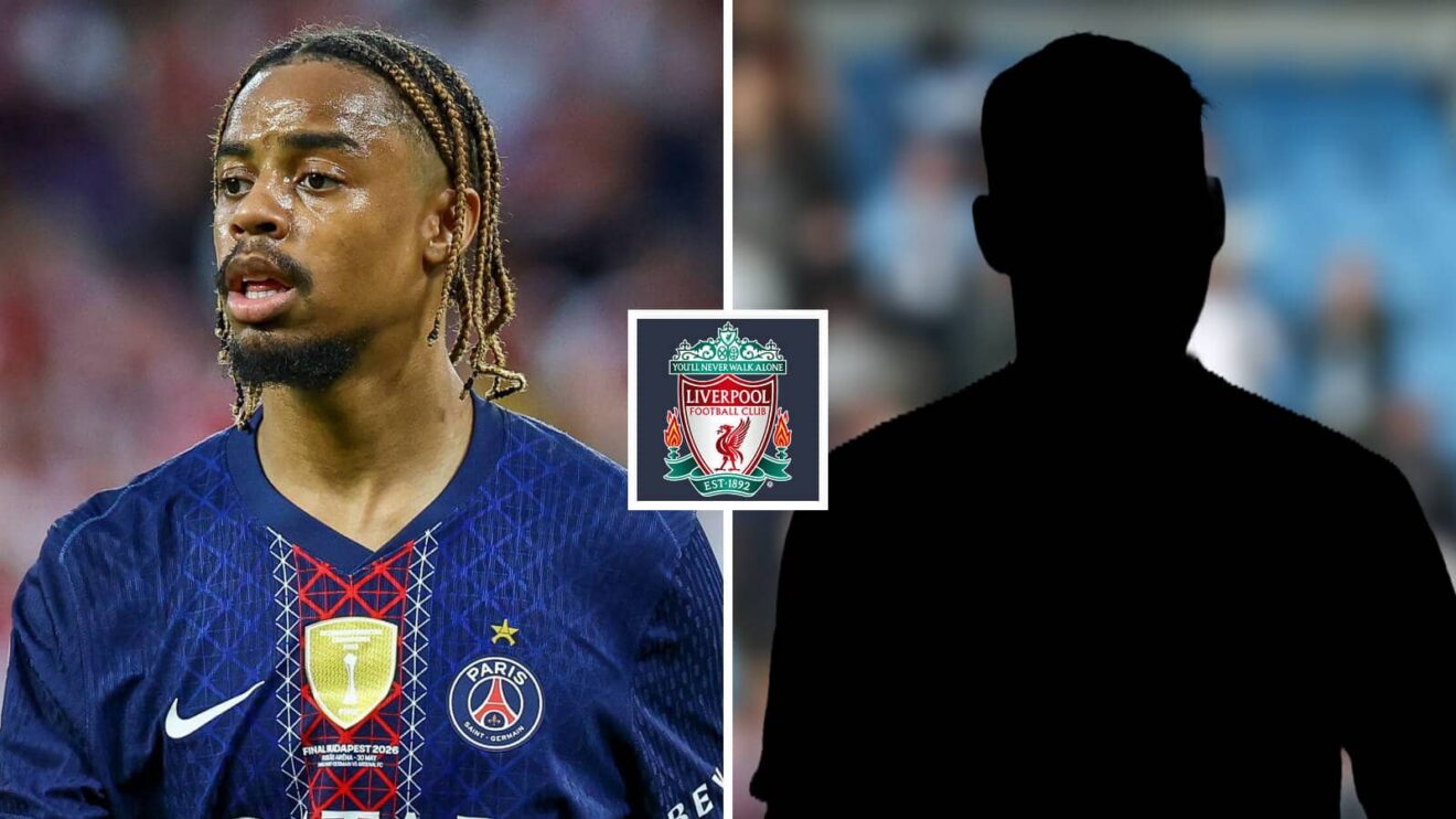 Crater image of PSG winger Bradley Barcola and a shadow, with the Liverpool badge in between - copyright F365