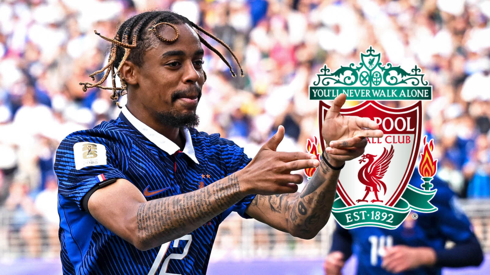 F365 Bradley BARCOLA celebrates with Liverpool badge 1