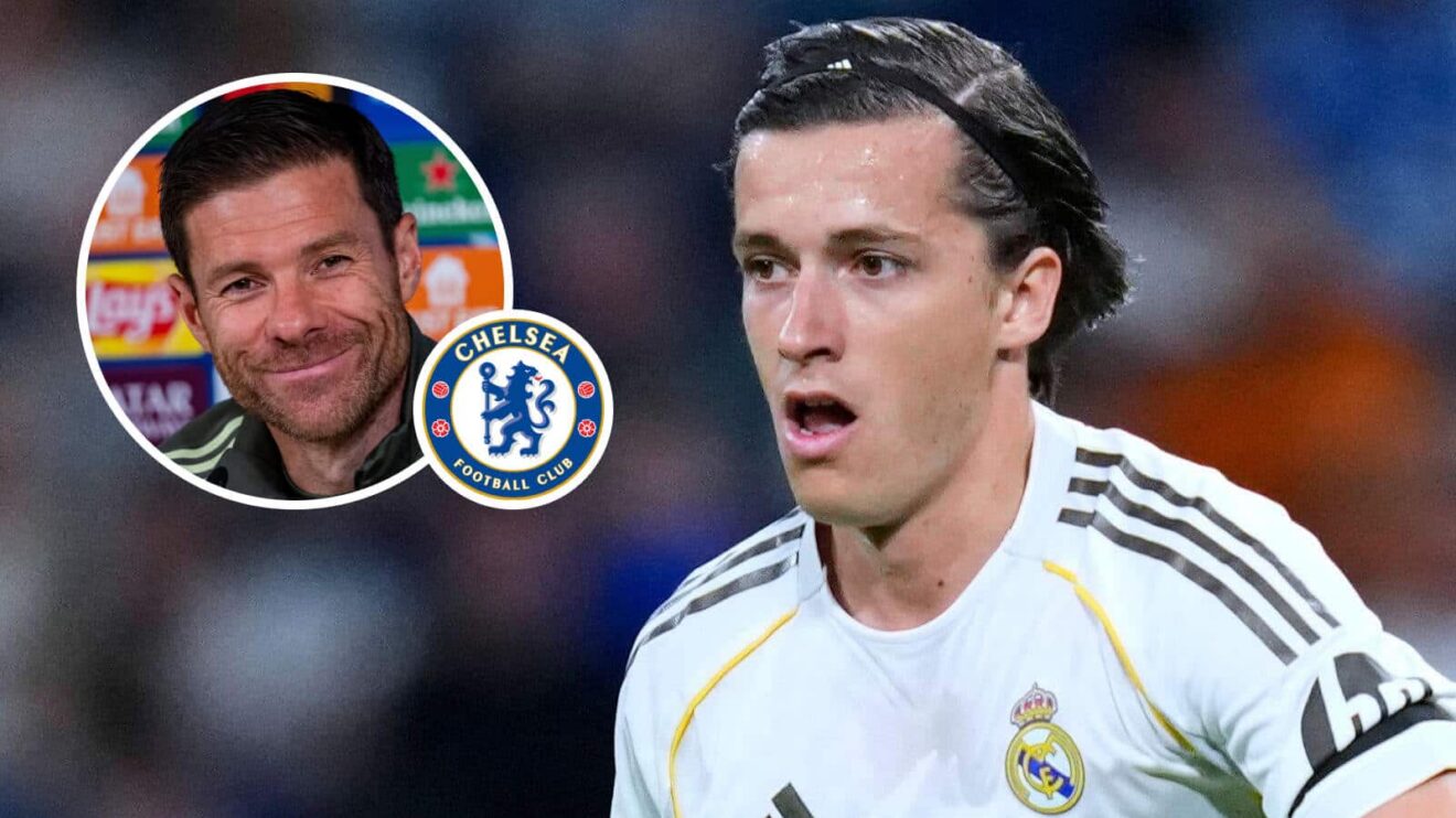 A grinning Xabi Alonso, next to a Chelsea badge (inset) and Alvaro Carreras of Real Madrid