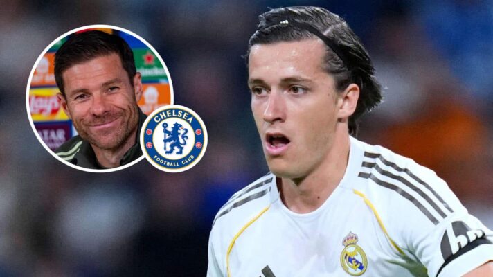 A smiling Xabi Alonso, next to a Chelsea badge (inset) and Alvaro Carreras of Real Madrid