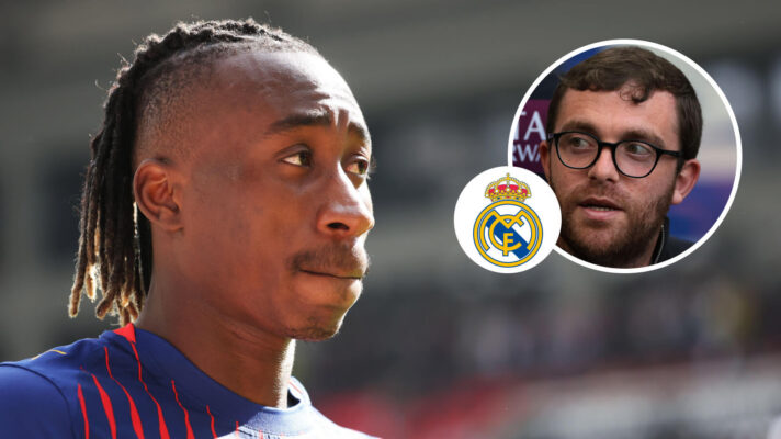 Yan Diomande, Real Madrid badge and Fabrizio Romano - copyright F365