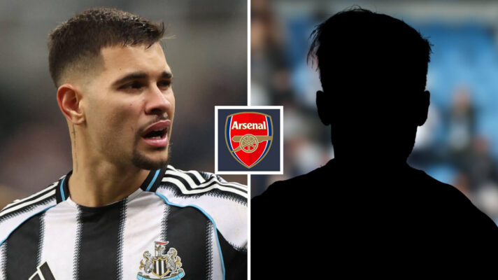 Split image of Newcastle United midfielder and Arsenal target Bruno Guimaraes and a shadow, with the Arsenal badge in between - copyright F365