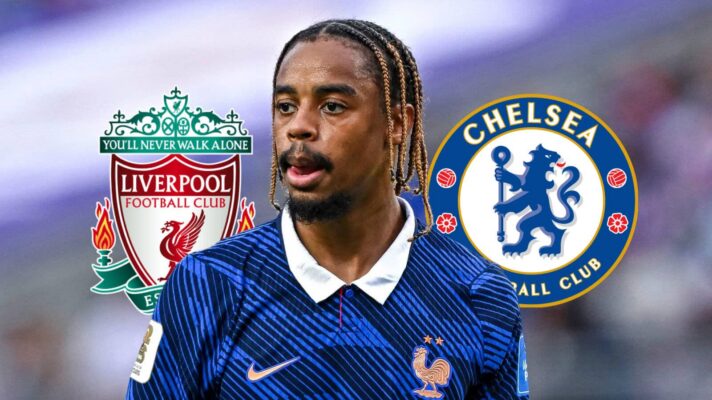 Liverpool badge, PSG winger Bradley Barcola and Chelsea badge - copyright F365