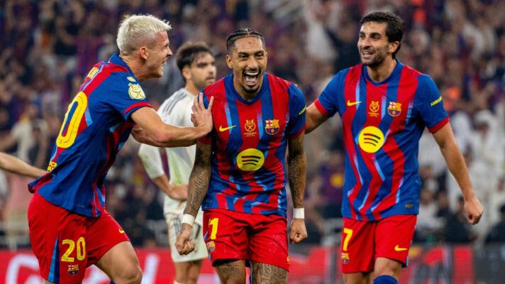 Barcelona attackers Dani Olmo, Raphinha and Ferran Torres
