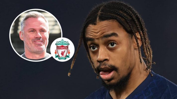 Jamie Carragher, Liverpool badge and PSG winger Bradley Barcola - copyright F365