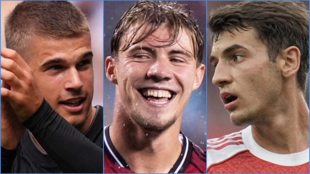 Luka Vuskovic of Spurs, Manchester United striker Rasmus Hojlund and Arsenal's Jakub Kiwior