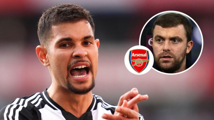 Newcastle United midfielder Bruno Guimaraes, Arsenal badge and Fabrizio Romano - copyright F365