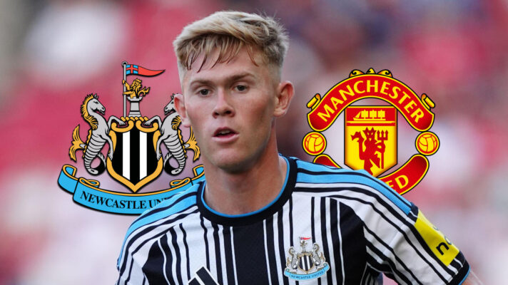 Newcastle United badge, Lewis Hall and Manchester United badge - copyright F365