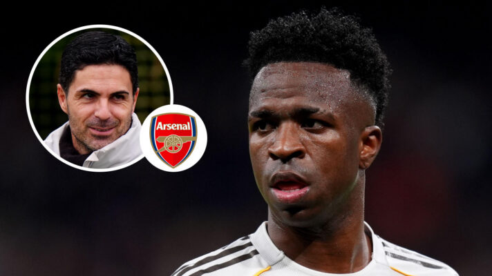 Mikel Arteta, Arsenal badge and Real Madrid winger Vinicius Junior - copyright F365