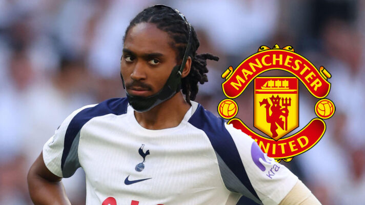 Tottenham Hotspur star Djed Spence next to the Manchester United badge - copyright F365