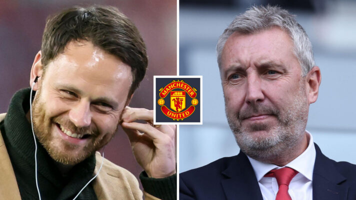 Split image of Manchester United director of recruitment Christopher Vivell and director of football Jason Wilcox, with the Man Utd badge in between - copyright F365