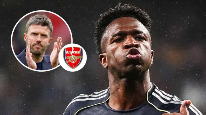 Michael Carrick (inset), with a broken Arsenal badge, and Real Madrid's Vinicius Junior