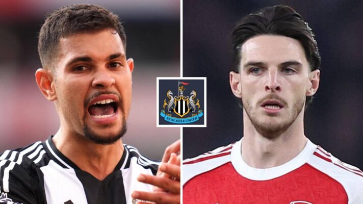 Bruno Guimaraes and Declan Rice, with a Newcastle badge (inset)