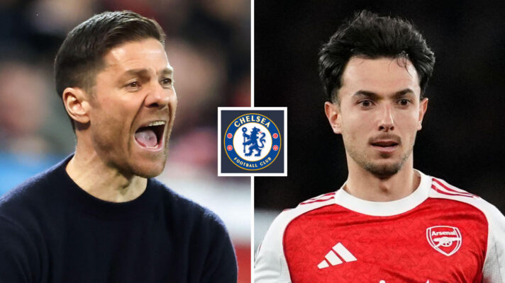 Split image of Chelsea manager Xabi Alonso and Arsenal midfielder Martin Zubimendi, with the Chelsea badge in between - copyright F365