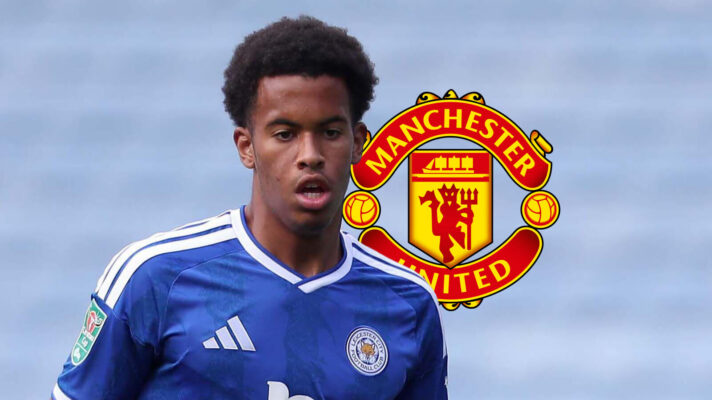 Leicester City midfielder Louis Page next to the Manchester United badge - copyright TEAMtalk