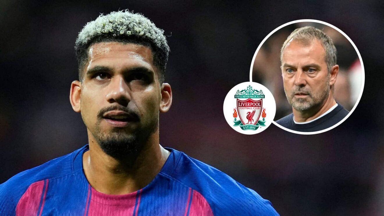 Ronald Araujo looks on, alongside a Liverpool badge and Barcelona boss Hansi Flick (inset)