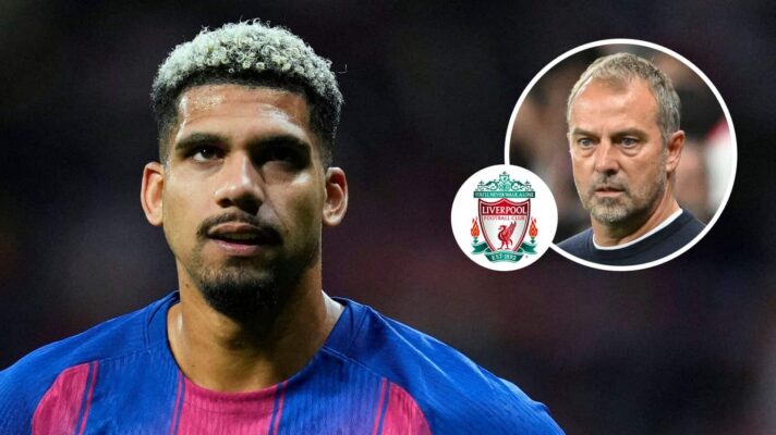 Ronald Araujo looks on, alongside a Liverpool badge and Barcelona boss Hansi Flick (inset)