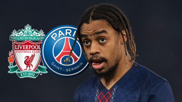Bradley Barcola next to the Liverpool and PSG badges
