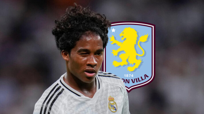 Real Madrid striker Endrick next to Aston Villa badge - copyright F365