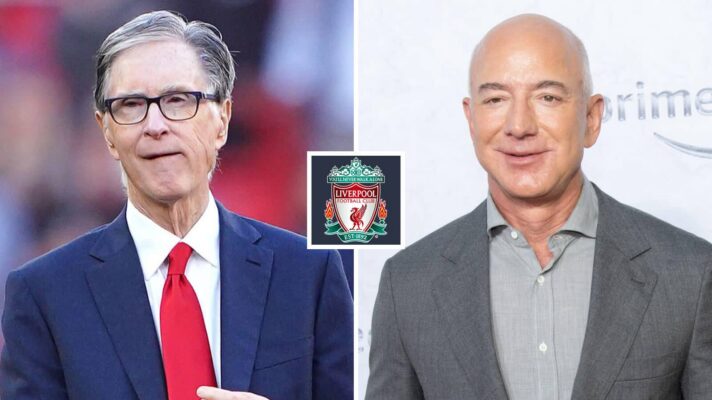 Split image of Liverpool owner John W. Henry and Amazon founded Jeff Bezos, with the Liverpool badge in between - copyright F365
