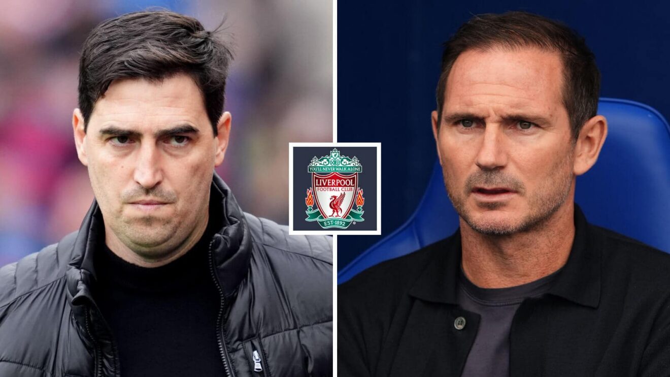 Liverpool honcho Andoni Iraola and Coventry Metropolitan supervisor Frank Lampard, with a Liverpool badge (inset)