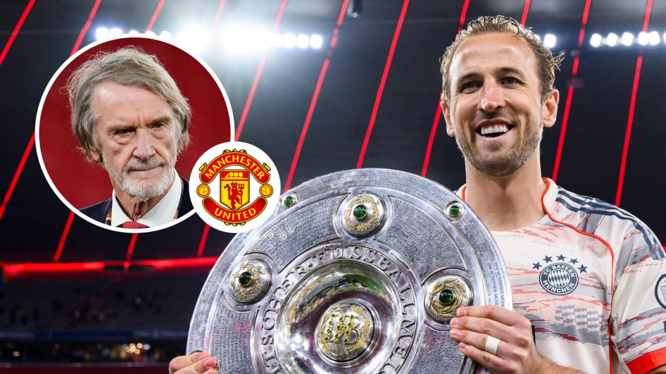 Manchester United co-owner Sir Jim Ratcliffe, Manchester United badge as well as Bayern Munich demonstrator Harry Kane - copyright F365