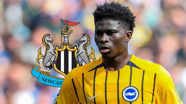Brighton star Carlos Baleba with Newcastle badge