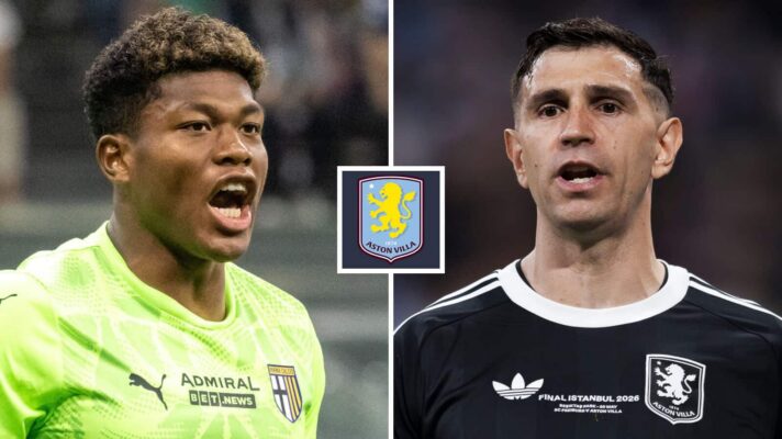 Parma's Zion Suzuki and Aston Villa's Emi Martinez, with an Aston Villa badge (inset)