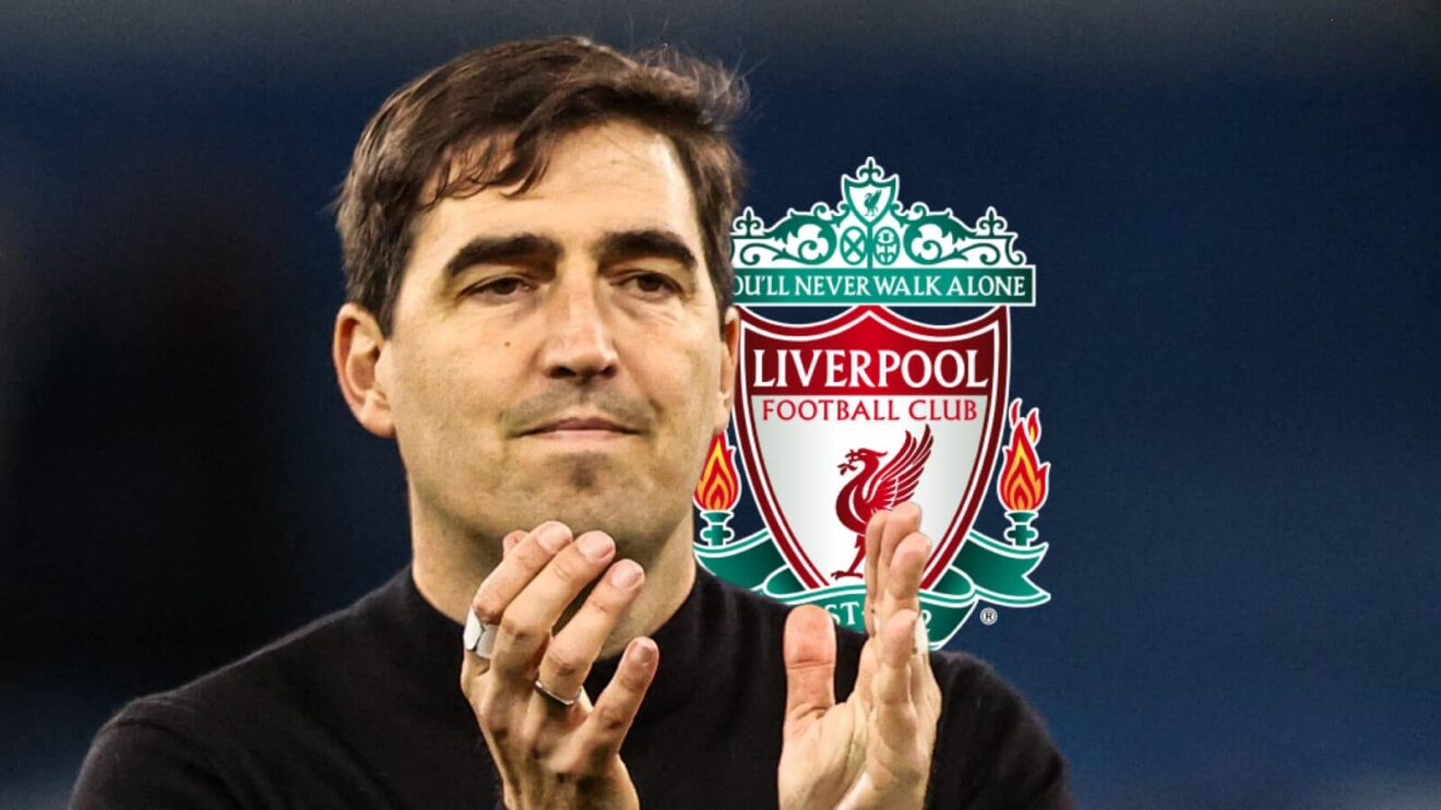 Andoni Iraola claps, beside a Liverpool badge