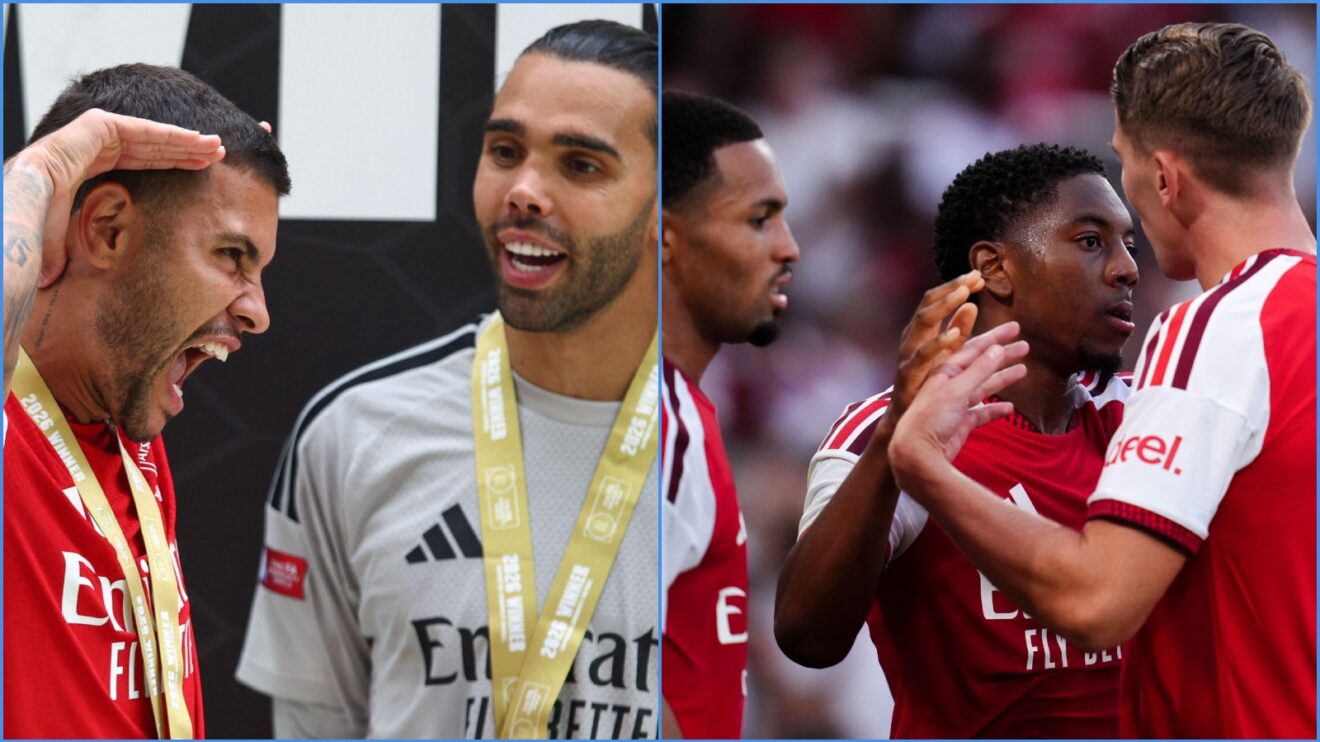 Arsenal's Bruno Guimaraes, David Raya, Ethan Nwaneri, Myles Lewis-Skelly and Viktor Gyokeres