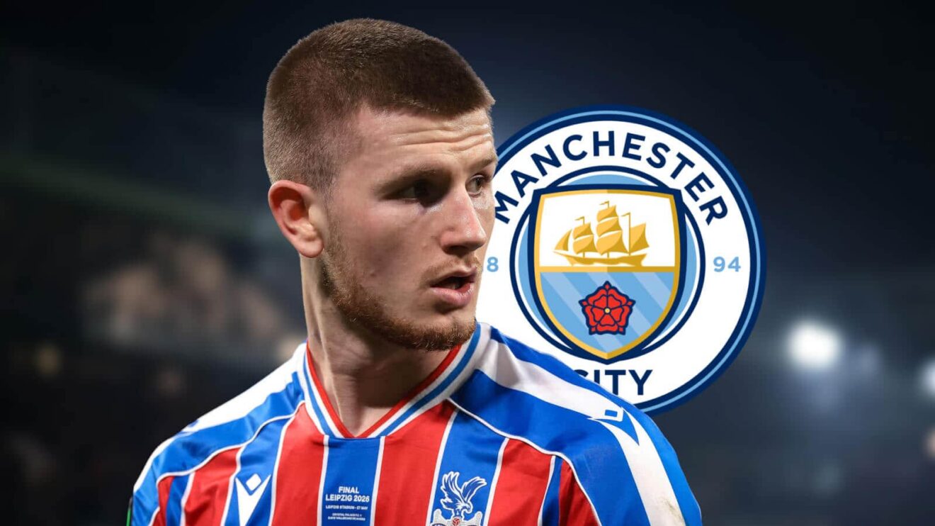 Crystal Palace's Adam Wharton with a Man City badge next to him