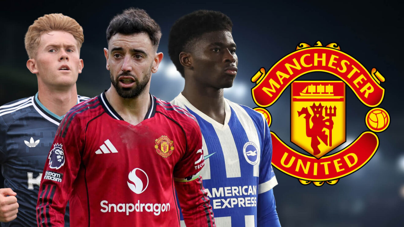 Bruno Fernandes, Carlos Baleba and Lewis Hall with Man Utd badge.