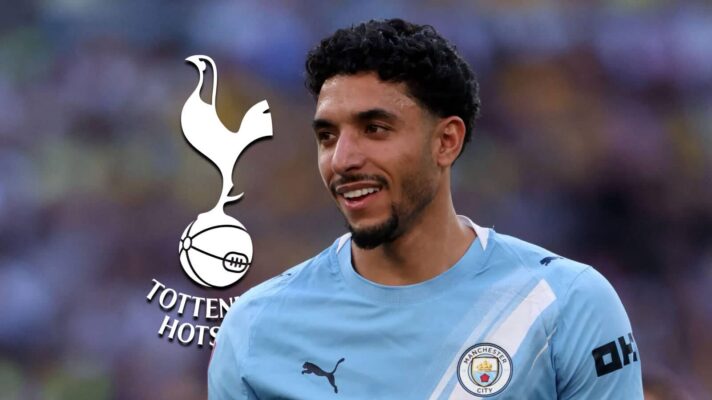 Man City striker Omar Marmoush, Tottenham badge
