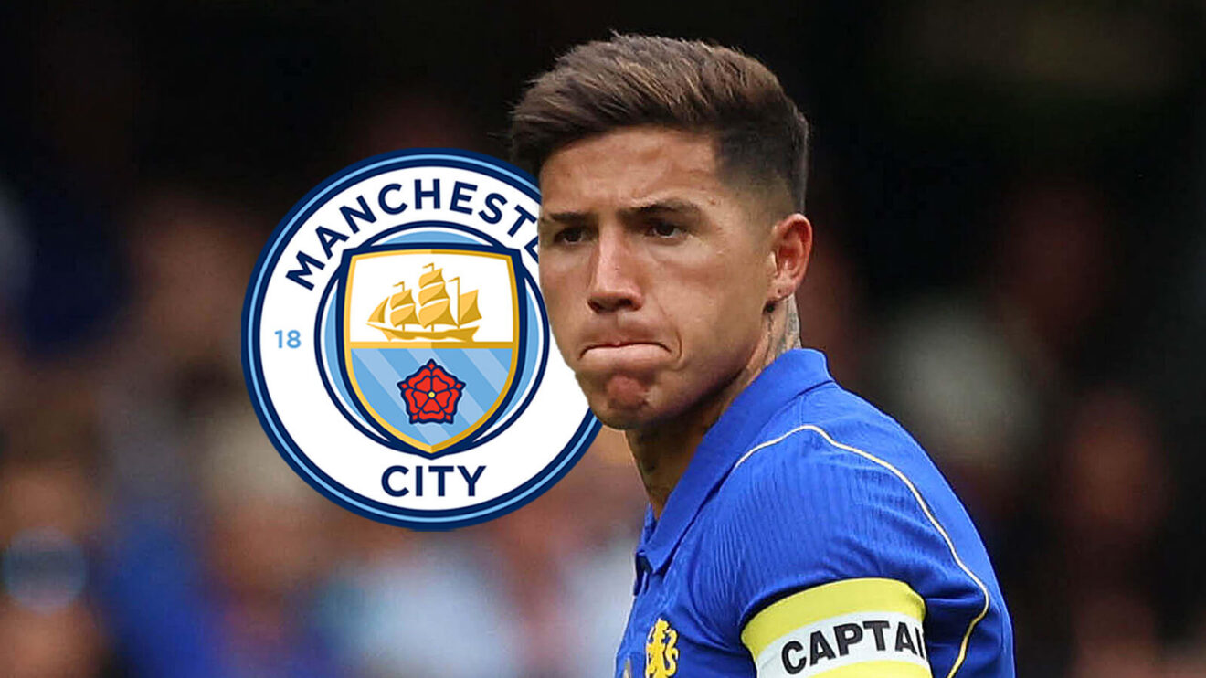 Chelsea midfielder Enzo Fernandez with Man City badge