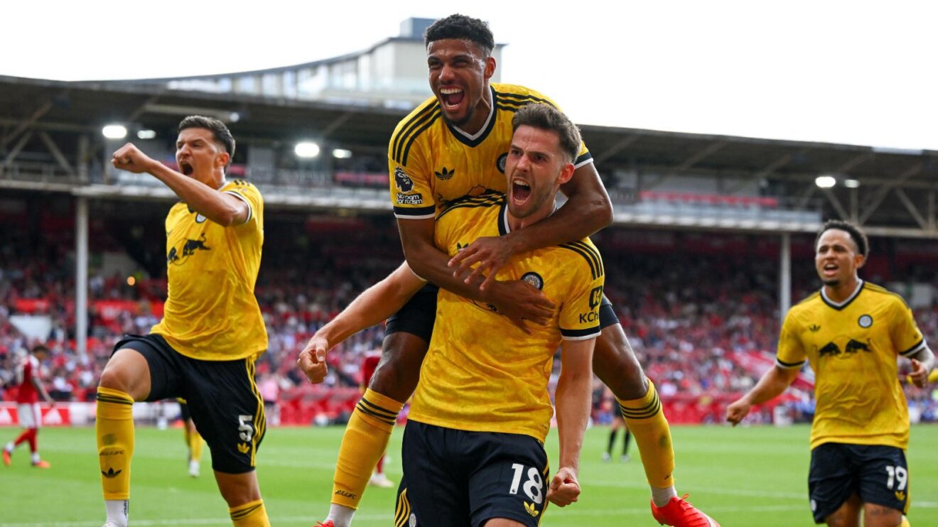 Anton Stach of Leeds United celebrates with James Justin of Leeds United after scoring a goal to make it 0-1 during the Premier League match between Nottingham Forest and Leeds United at the City Ground, Nottingham on Saturday 22nd August 2026.
