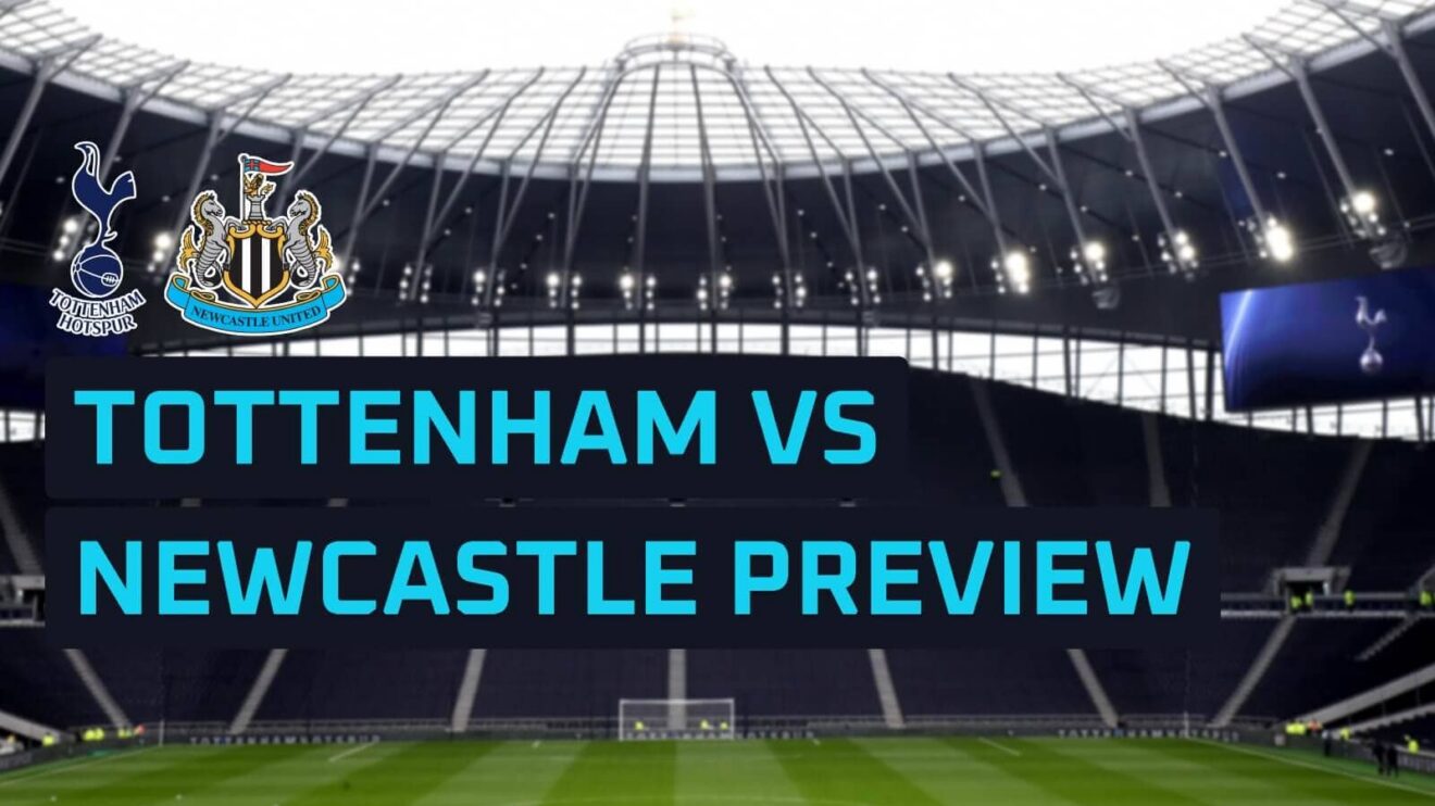 Tottenham and Newcastle badges on a backdrop of the Tottenham Hotspur Stadium