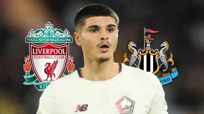Liverpool badge, Lille star Matias Fernandez-Pardo and Newcastle United badge - copyright F365