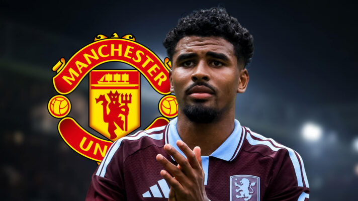 Manchester United badge and Aston Villa left-back Ian Maatsen - copyright F365