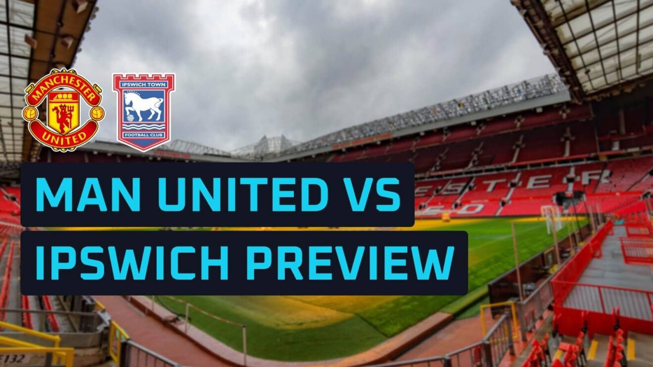 Manchester United and Ipswich Town badges on a backdrop of Old Trafford
