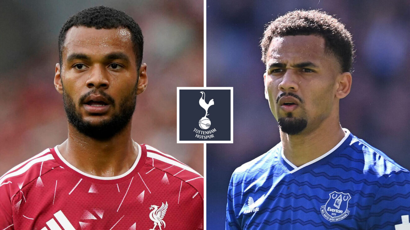 Pothole image of Liverpool winger Cody Gakpo and also Everton winger Iliman Ndiaye, via the Tottenham Hotspur badge in in between - copyright F365