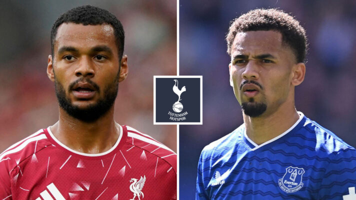 Split image of Liverpool winger Cody Gakpo and Everton winger Iliman Ndiaye, with the Tottenham Hotspur badge in between - copyright F365