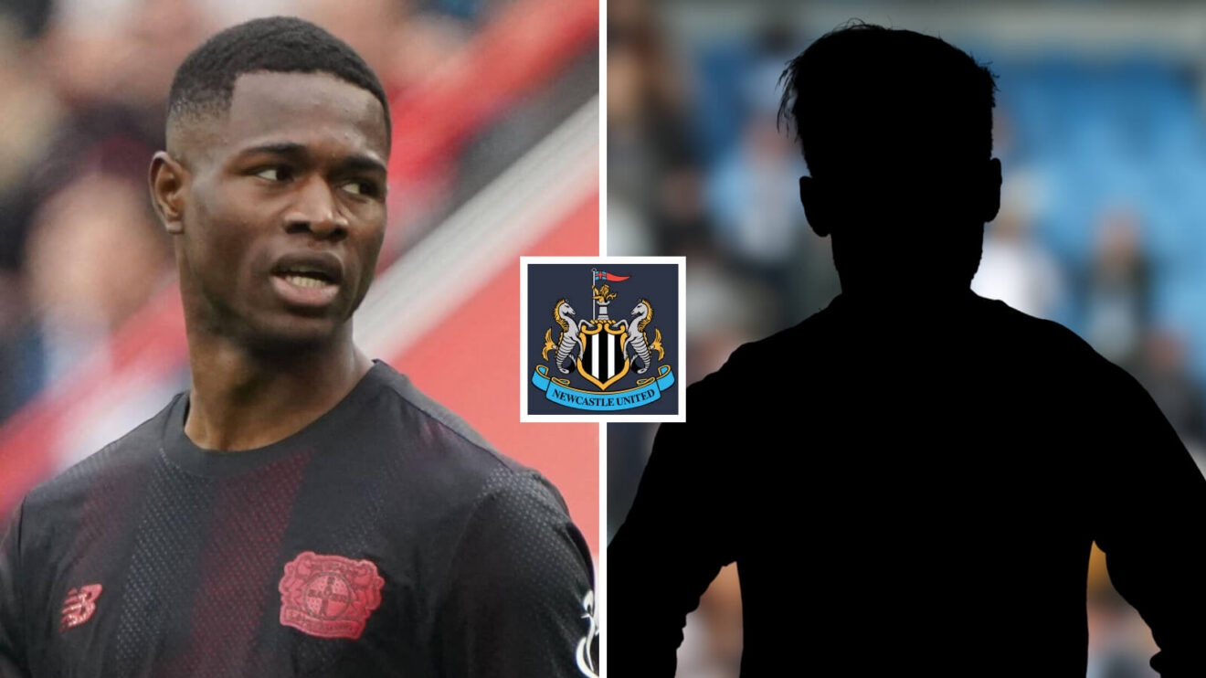 Split image of Bayer Leverkusen striker Christian Kofane and a shadow, with the Newcastle United badge in between - copyright F365