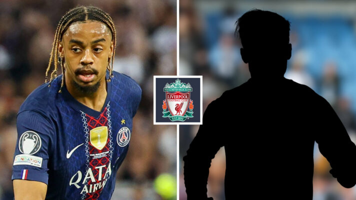 Split image of Paris Saint-Germain winger Bradley Barcola and a shadow, with the Liverpool badge in between - copyright F365