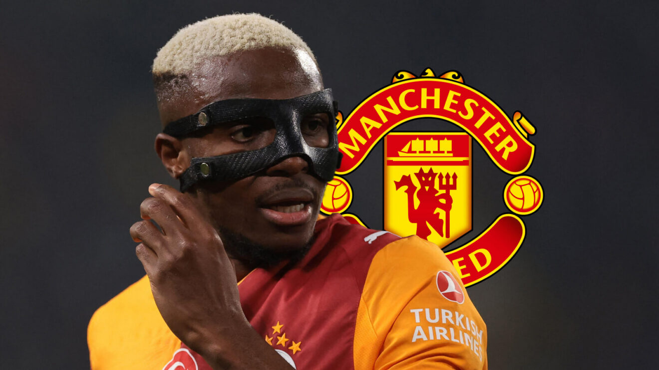 Galatasaray striker Victor Osimhen next to the Manchester United badge - copyright F365