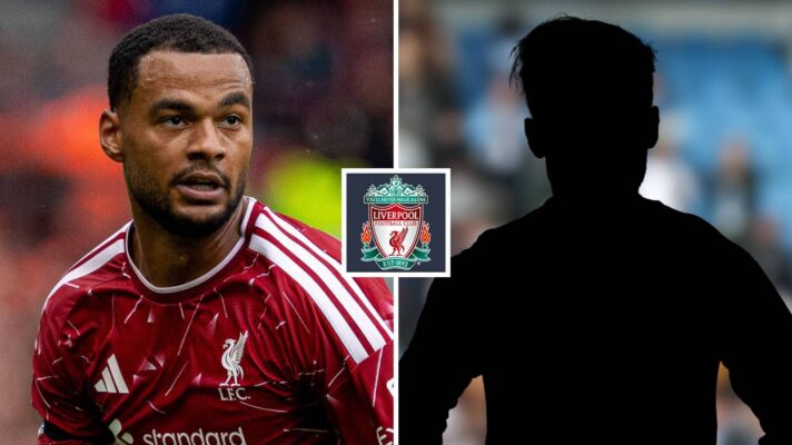 Split image of Liverpool winger Cody Gakpo and a shadow, with the Liverpool badge in between - copyright F365
