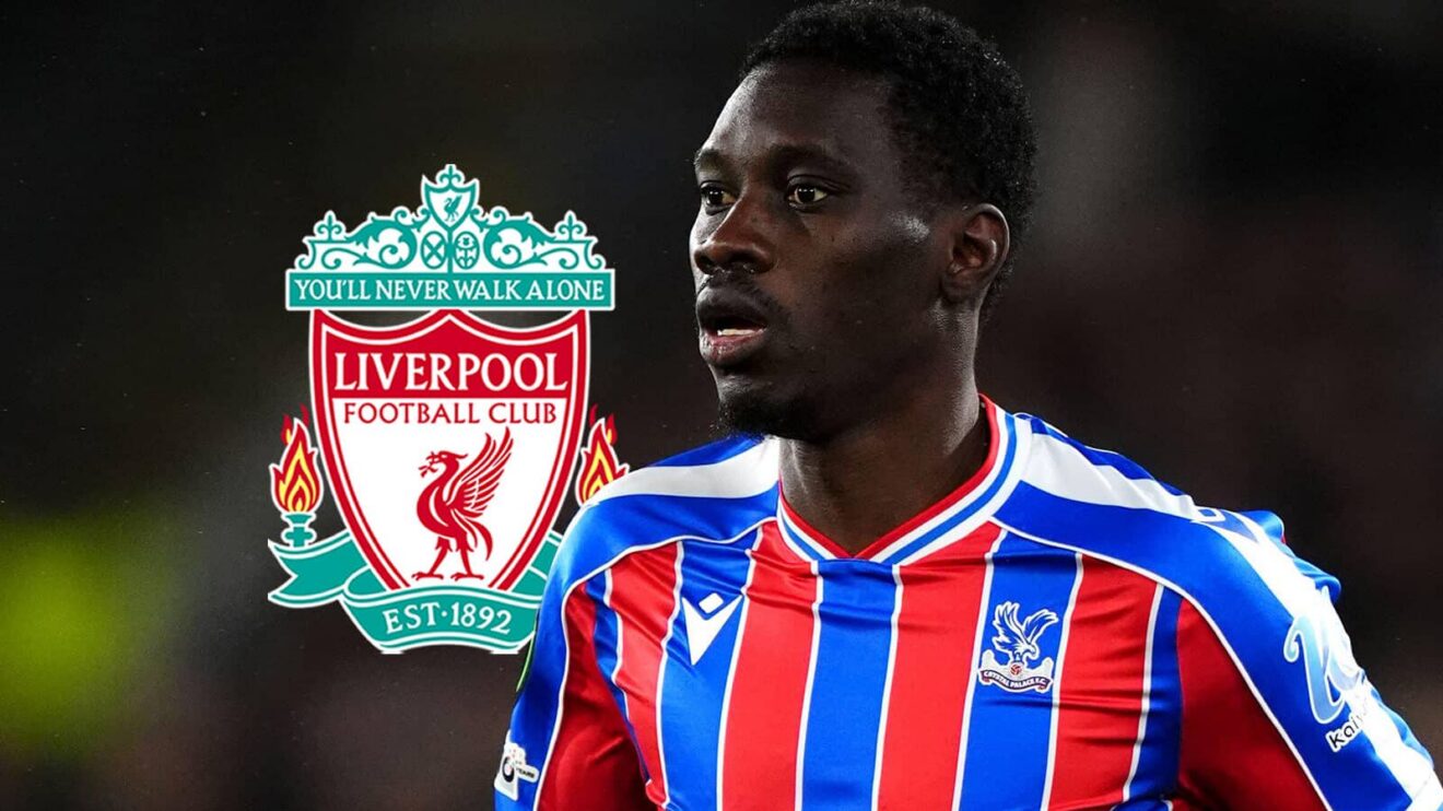 Liverpool badge and Crystal Palace winger Ismaila Sarr - copyright F365