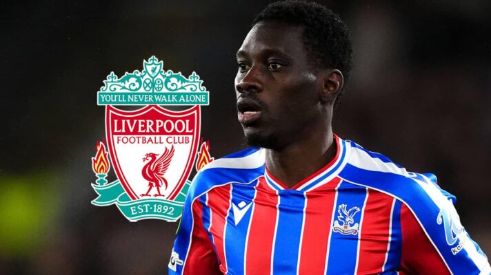 Liverpool badge and Crystal Palace winger Ismaila Sarr - copyright F365
