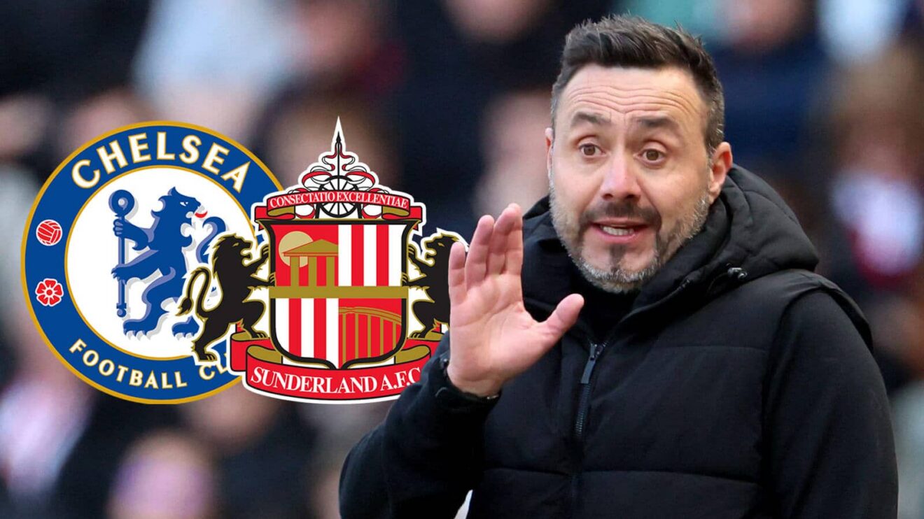 Tottenham manager Roberto De Zerbi, Sunderland and Chelsea badges