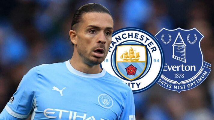 Jack Grealish next to a Man City and Everton badge